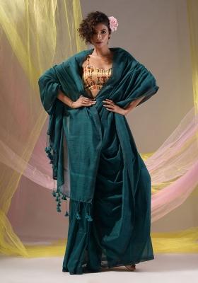 Teal Floral Embroidery Cotton Saree Set