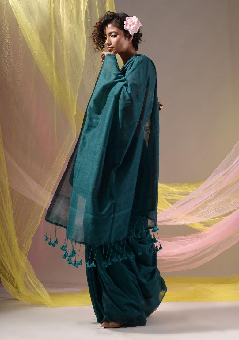 Teal Floral Embroidery Cotton Saree Set