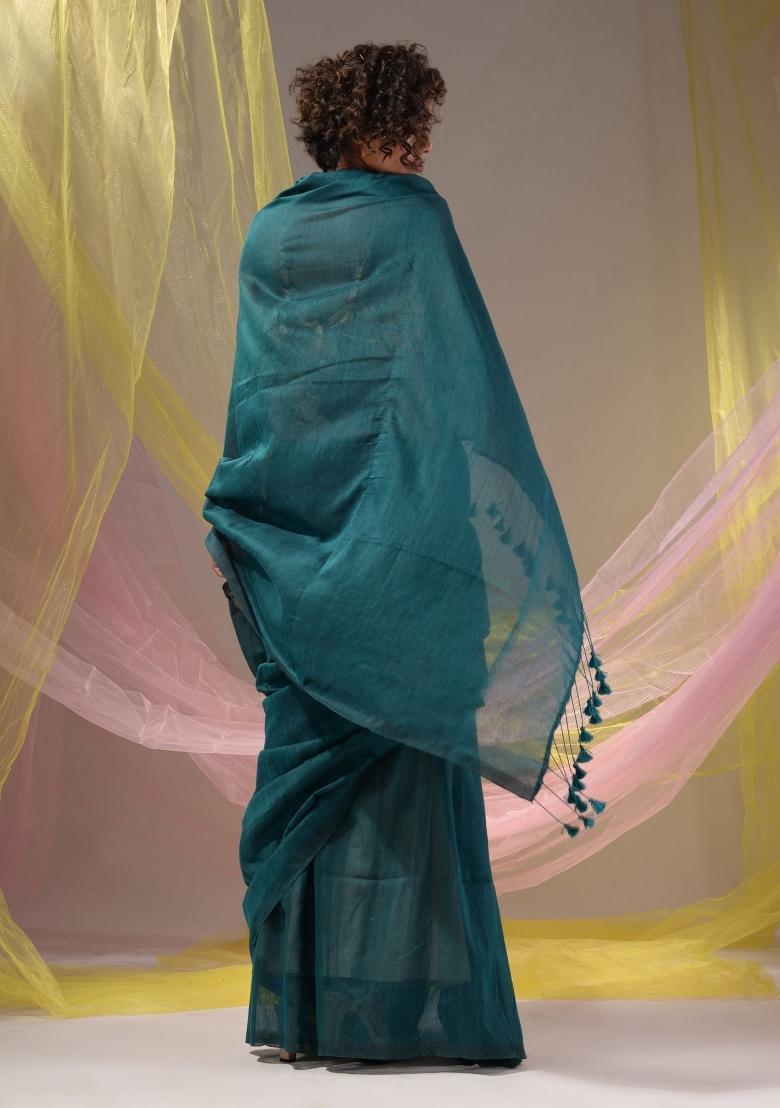 Teal Floral Embroidery Cotton Saree Set