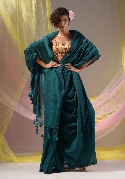 Teal Floral Embroidery Cotton Saree Set