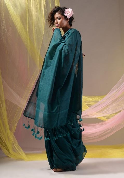 Teal Floral Embroidery Cotton Saree Set