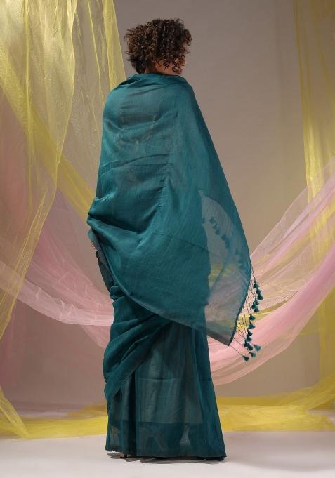 Teal Floral Embroidery Cotton Saree Set