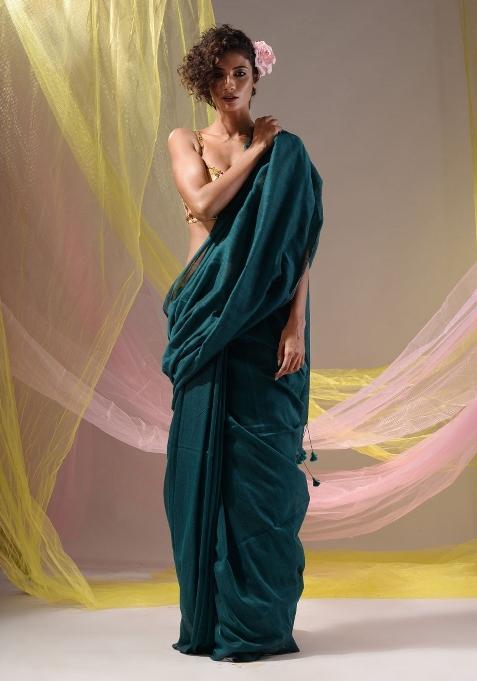 Teal Floral Embroidery Cotton Saree Set