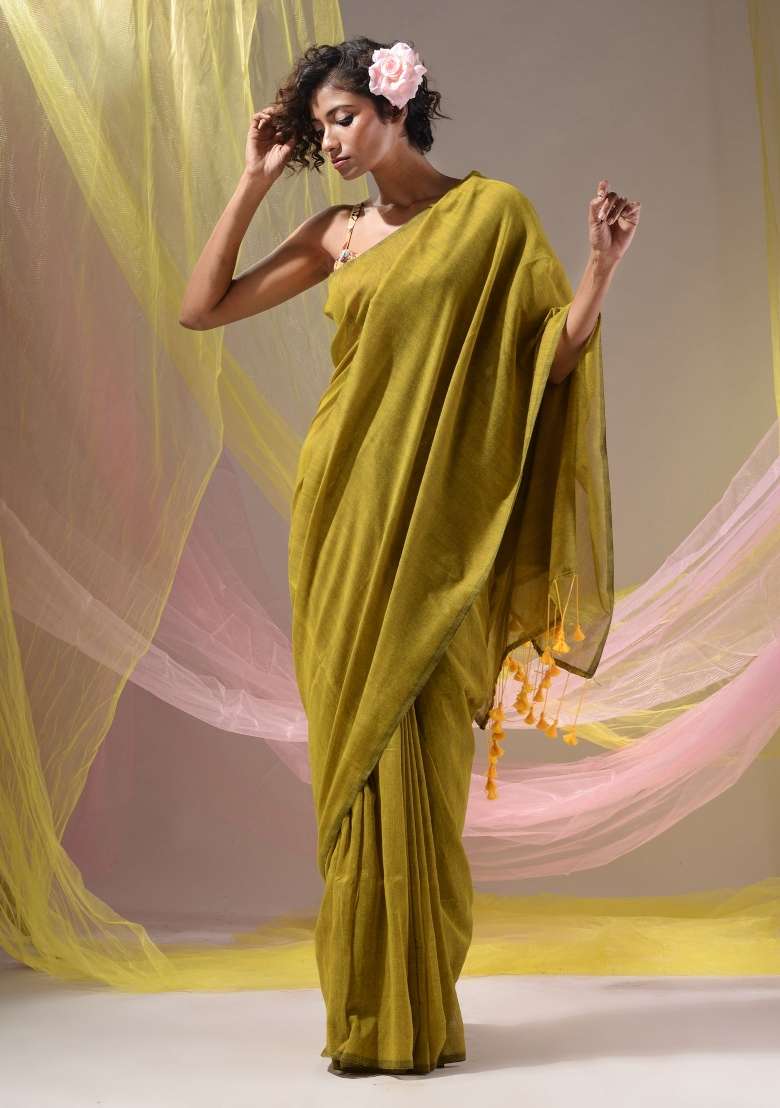 Lime Green Floral Embroidery Cotton Saree Set for Diwali and Festive Wear - Indya