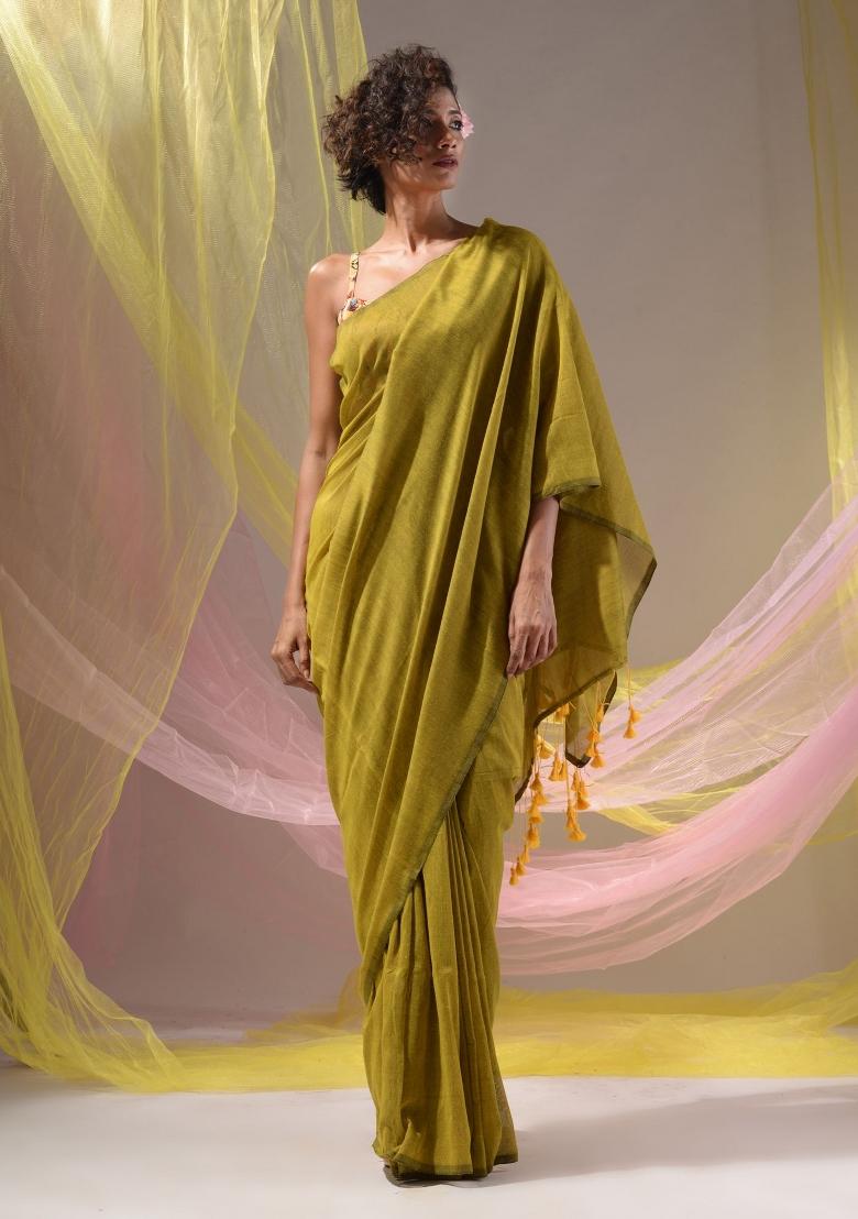 Lime Green Floral Embroidery Cotton Saree Set - Indya