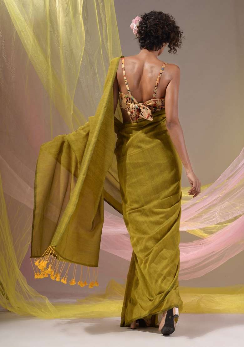 Lime Green Floral Embroidery Cotton Saree Set for Diwali and Festive Wear - Indya