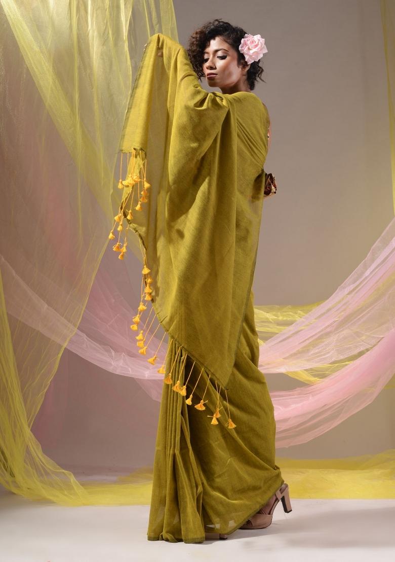 Lime Green Floral Embroidery Cotton Saree Set - Indya