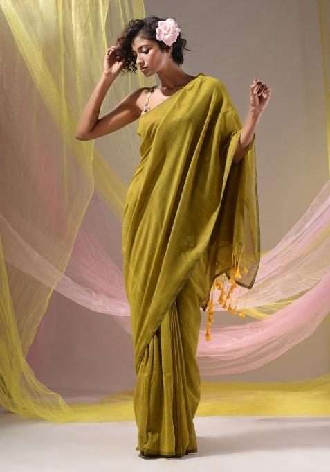 Lime Green Floral Embroidery Cotton Saree Set