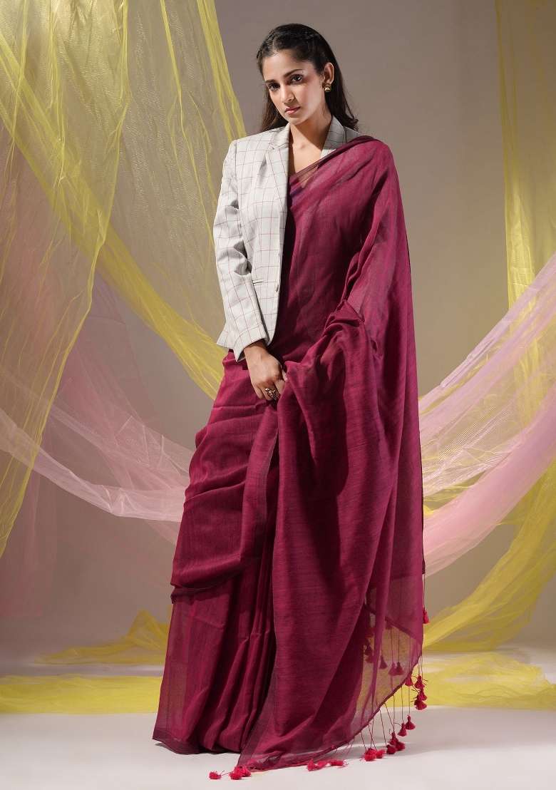Fuchsia Floral Embroidery Cotton Saree Set for Diwali and Festive Wear - Indya