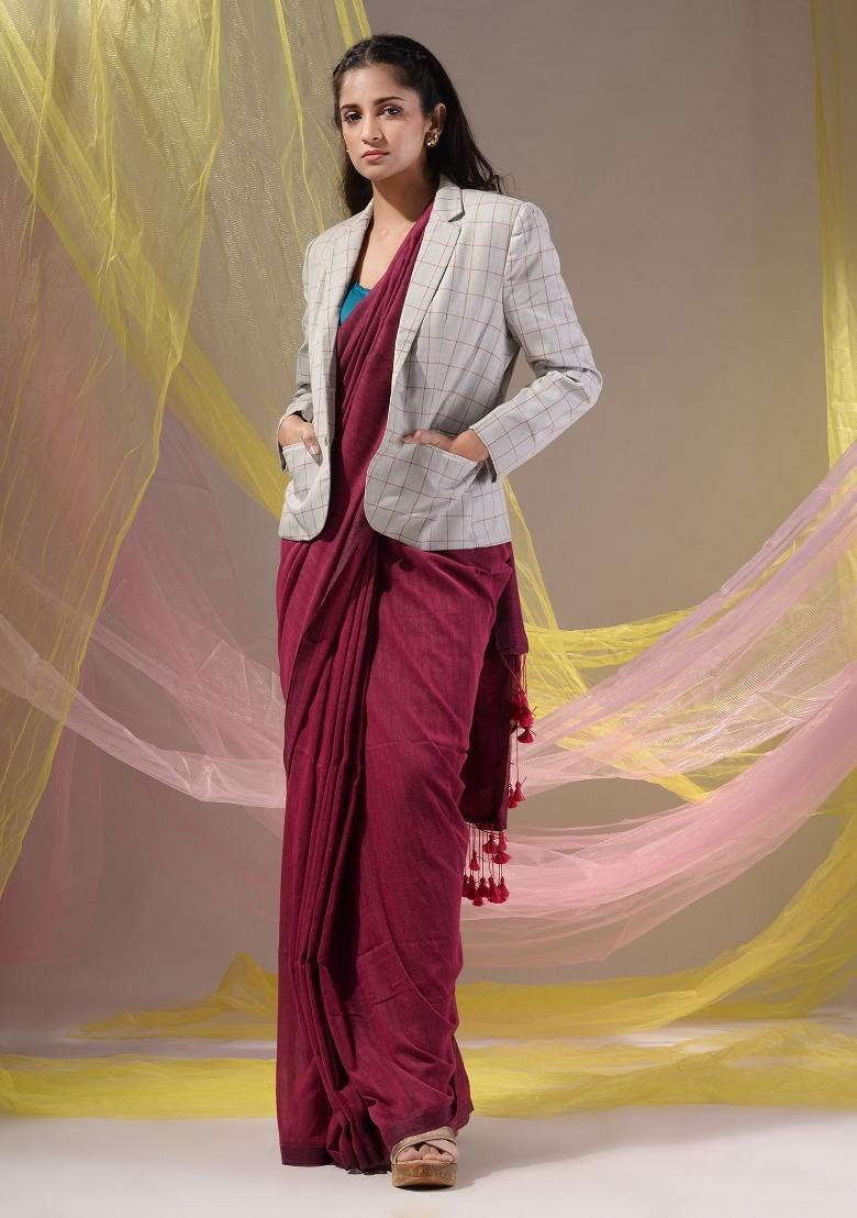 Fuchsia Floral Embroidery Cotton Saree Set - Indya