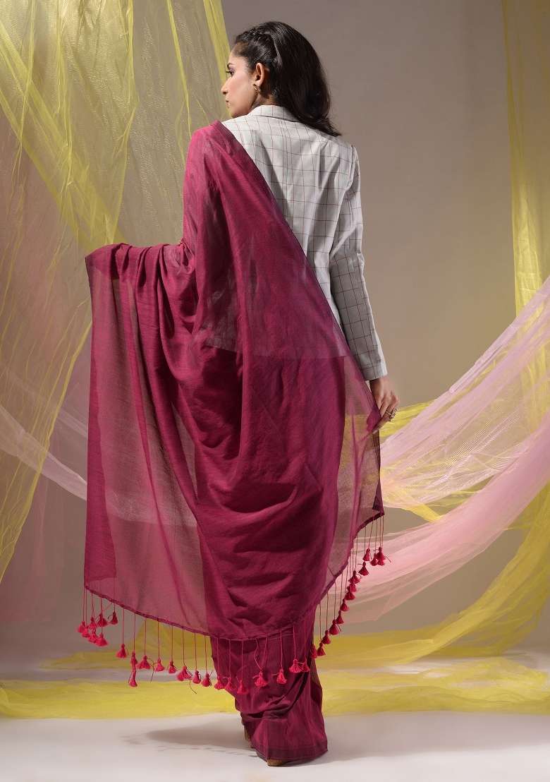 Fuchsia Floral Embroidery Cotton Saree Set for Diwali and Festive Wear - Indya