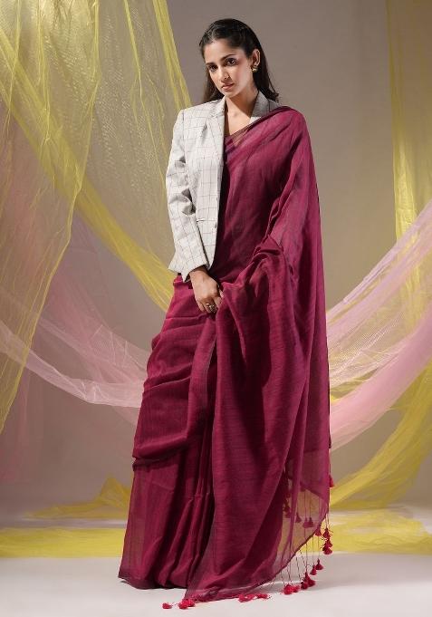 Fuchsia Floral Embroidery Cotton Saree Set