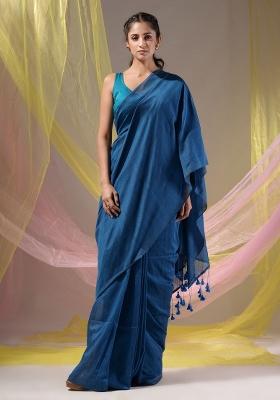 Yale Blue Floral Embroidery Cotton Saree Set