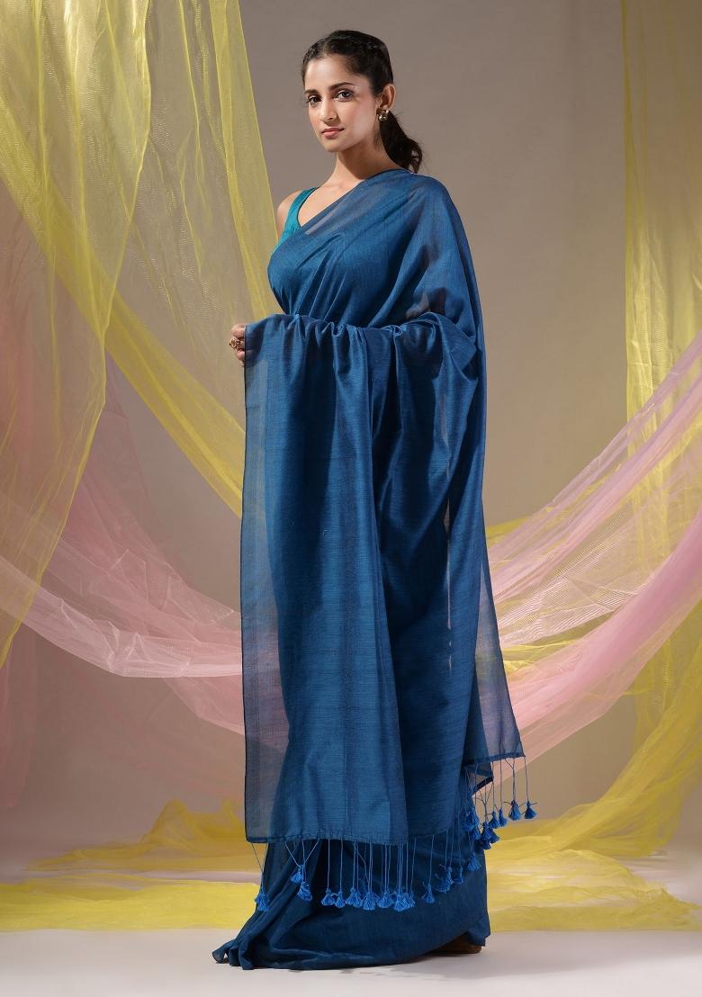 Yale Blue Floral Embroidery Cotton Saree Set - Indya