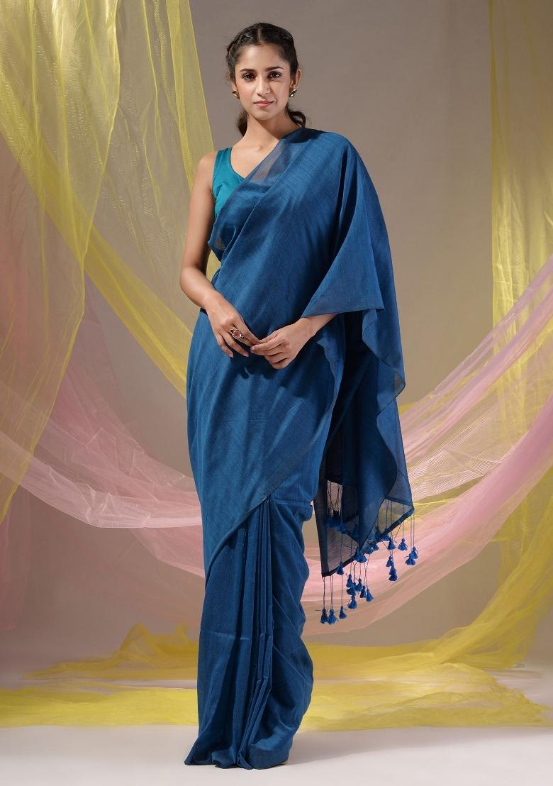Yale Blue Floral Embroidery Cotton Saree Set - Indya