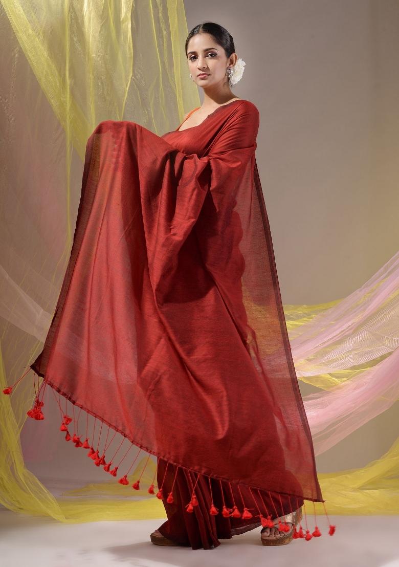 Red Floral Embroidery Cotton Saree Set - Indya