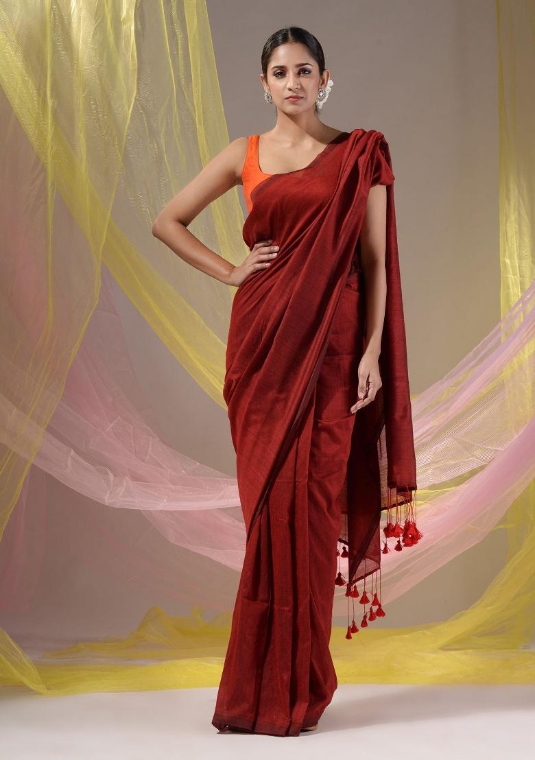 Red Floral Embroidery Cotton Saree Set - Indya