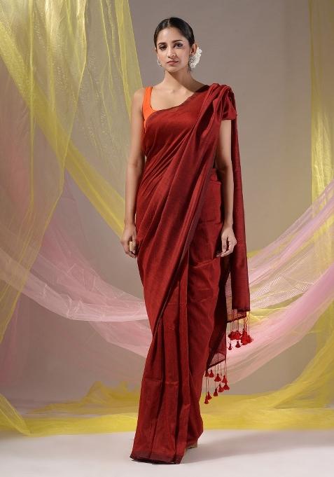 Red Floral Embroidery Cotton Saree Set