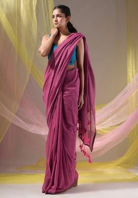 Lavender Floral Embroidery Cotton Saree Set