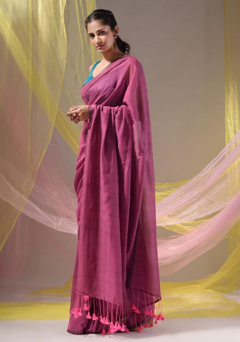 Lavender Floral Embroidery Cotton Saree Set - Indya