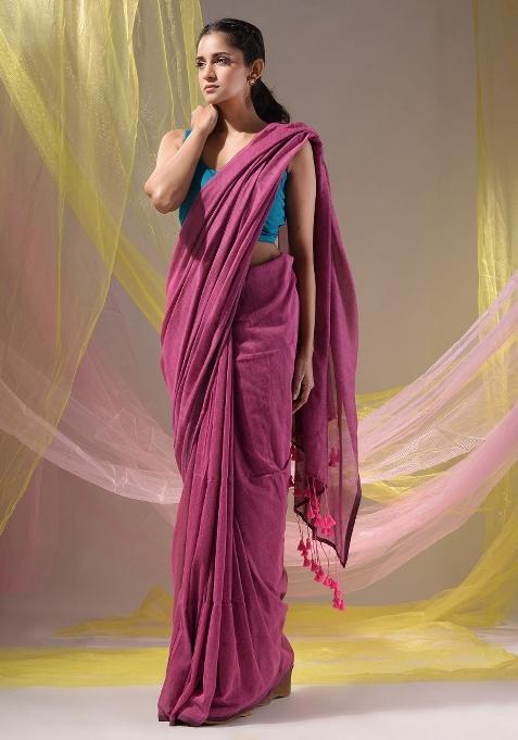 Lavender Floral Embroidery Cotton Saree Set