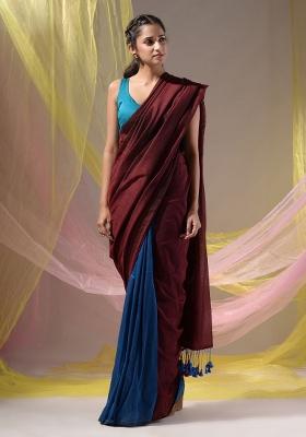 Maroon Floral Embroidery Cotton Saree Set