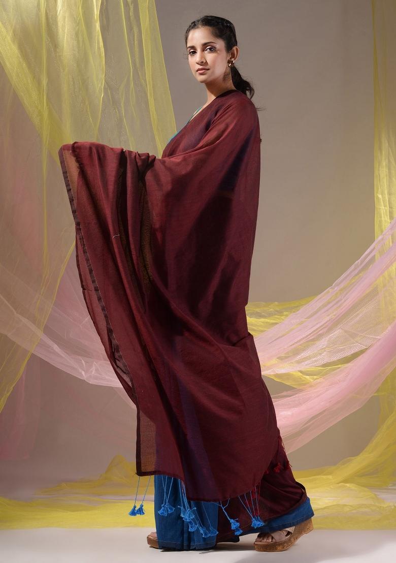 Maroon Floral Embroidery Cotton Saree Set - Indya