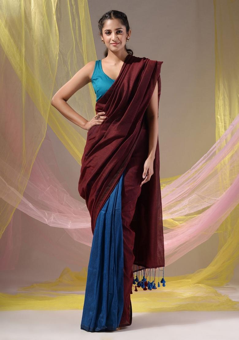 Maroon Floral Embroidery Cotton Saree Set - Indya