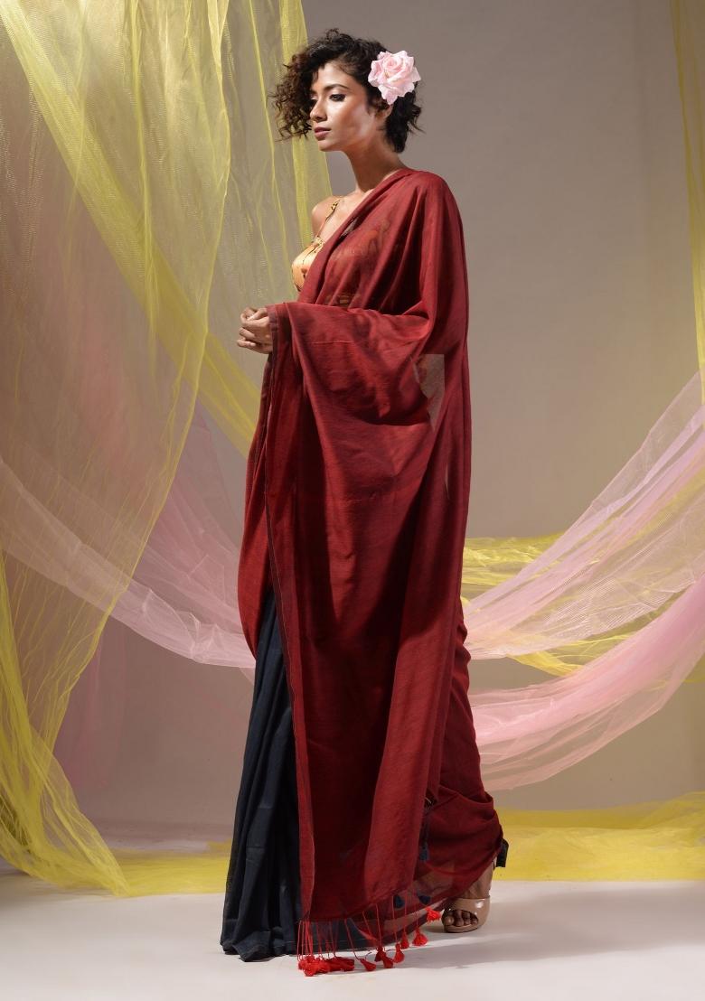 Red Floral Embroidery Cotton Saree Set - Indya