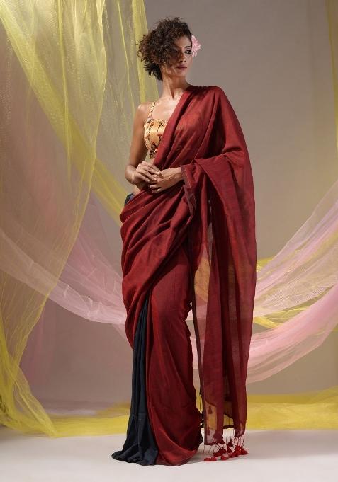 Red Floral Embroidery Cotton Saree Set