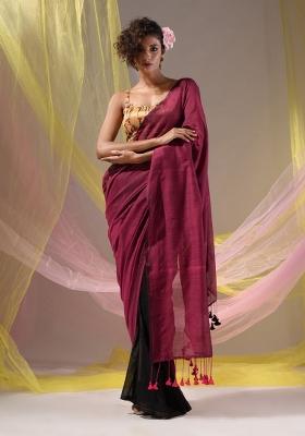 Magenta Floral Embroidery Cotton Saree Set