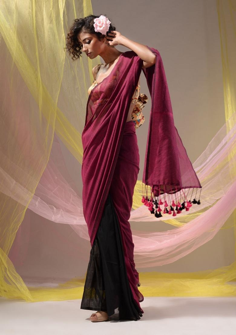 Magenta Floral Embroidery Cotton Saree Set - Indya
