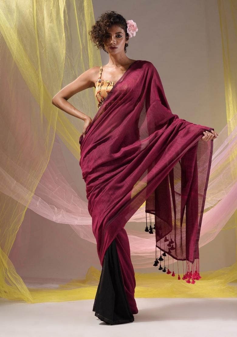 Magenta Floral Embroidery Cotton Saree Set - Indya