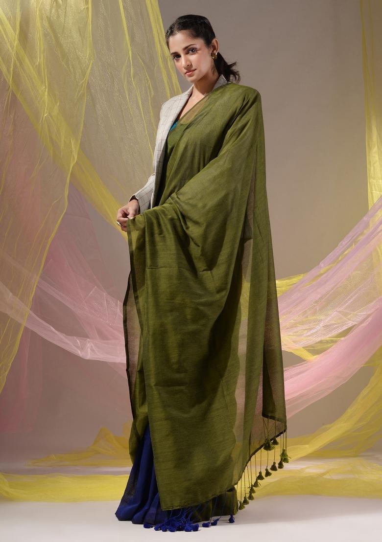 Sap Green Floral Embroidery Cotton Saree Set - Indya