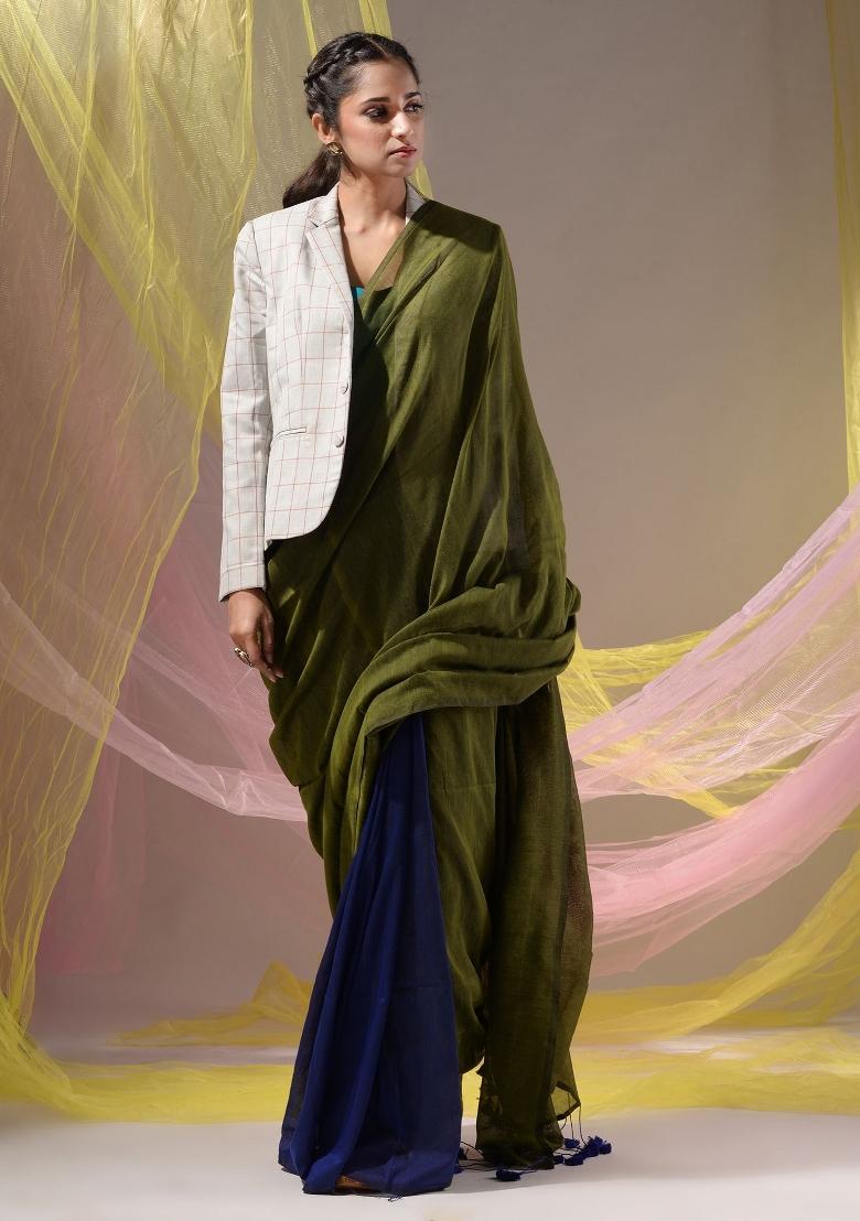 Sap Green Floral Embroidery Cotton Saree Set - Indya