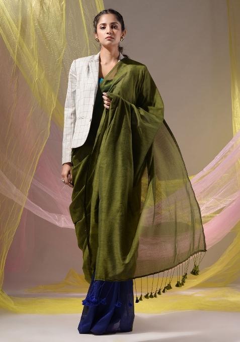 Sap Green Floral Embroidery Cotton Saree Set