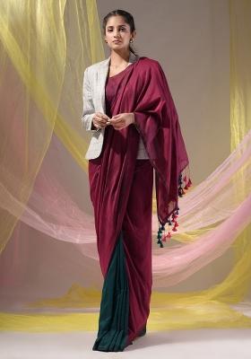 Fuchsia Floral Embroidery Cotton Saree Set