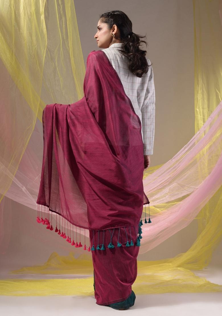 Fuchsia Floral Embroidery Cotton Saree Set