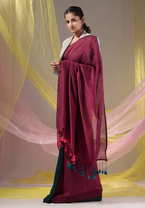 Fuchsia Floral Embroidery Cotton Saree Set