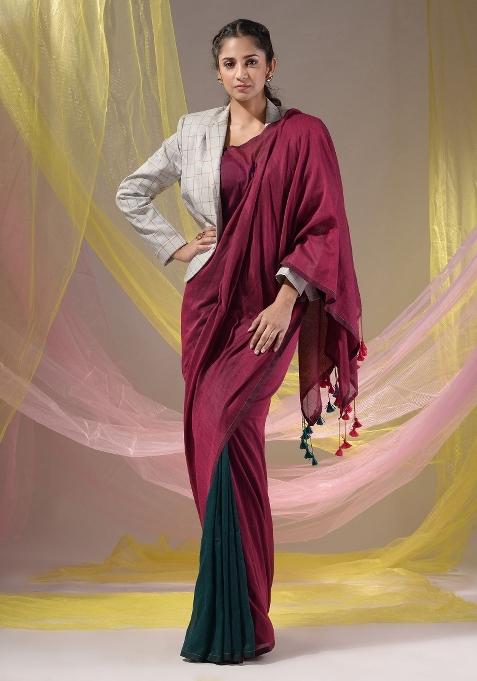 Fuchsia Floral Embroidery Cotton Saree Set