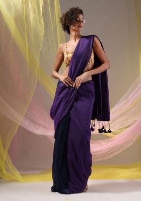 Violet Floral Embroidery Cotton Saree Set
