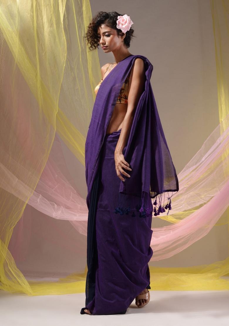 Violet Floral Embroidery Cotton Saree Set - Indya