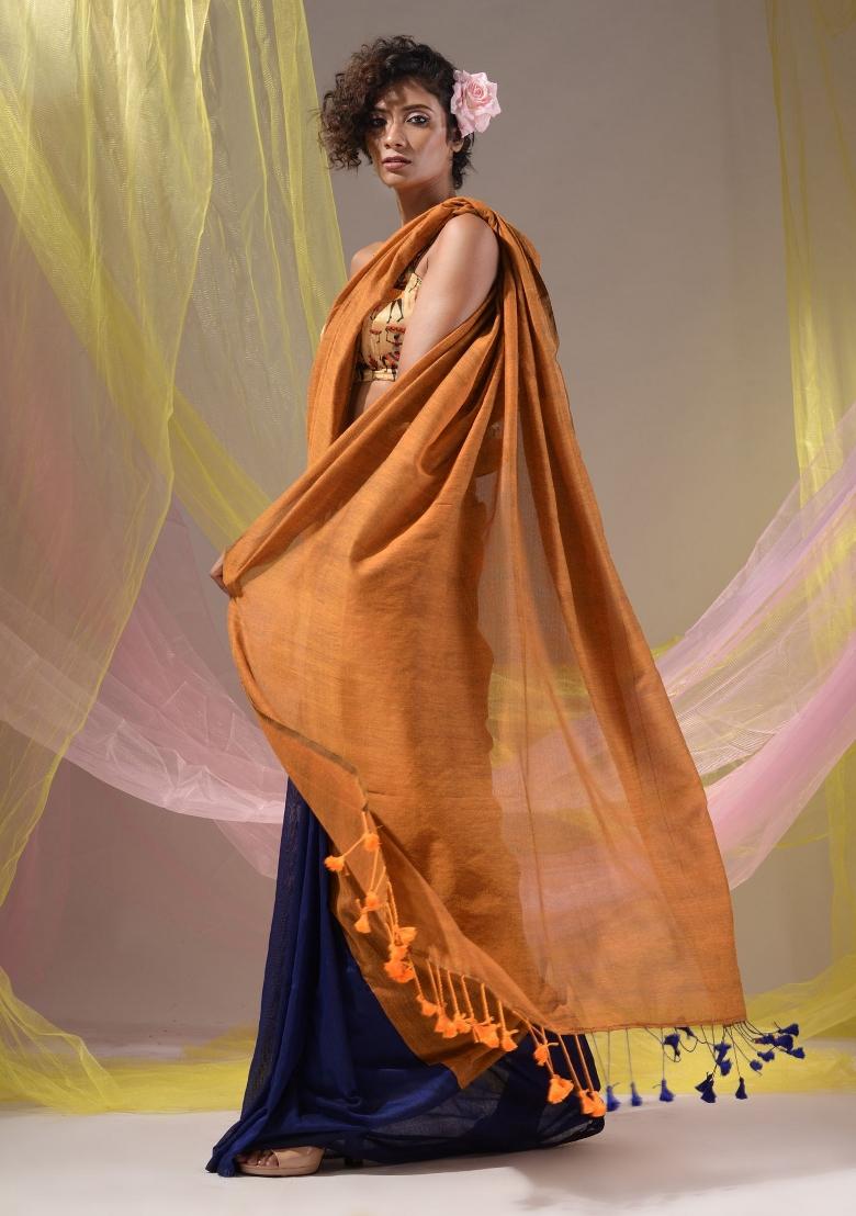 Mustard Floral Embroidery Cotton Saree Set - Indya