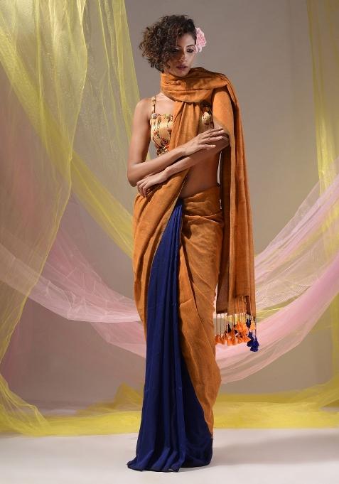 Mustard Floral Embroidery Cotton Saree Set