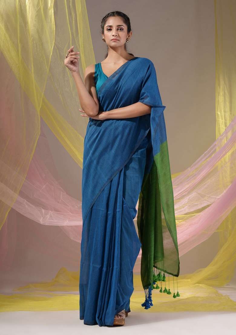 Cobalt Blue Floral Embroidery Cotton Saree Set for Diwali and Festive Wear - Indya