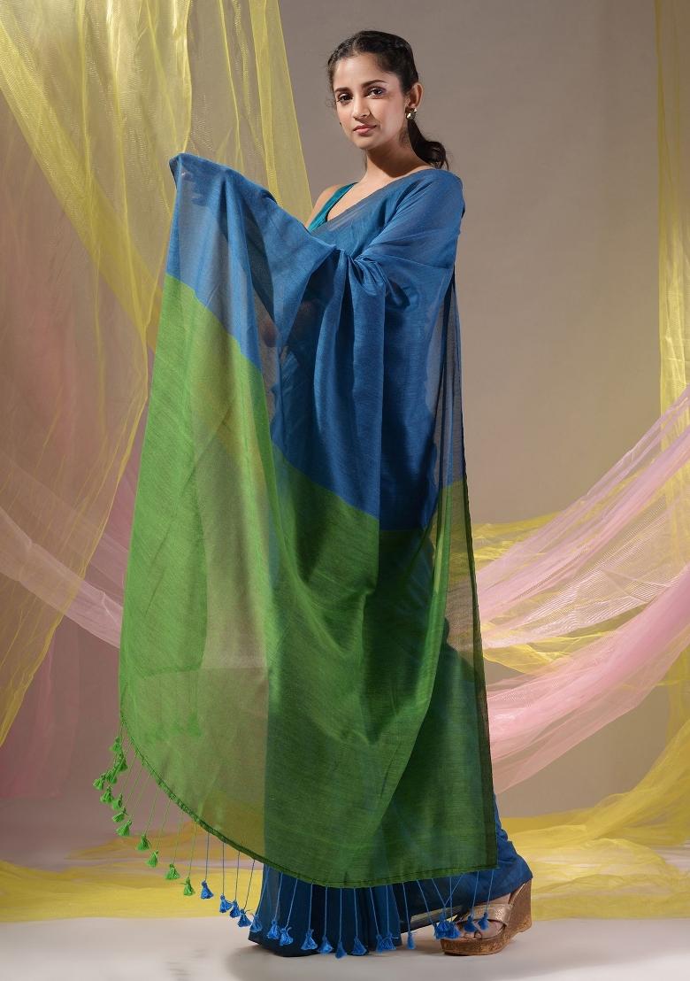 Cobalt Blue Floral Embroidery Cotton Saree Set - Indya