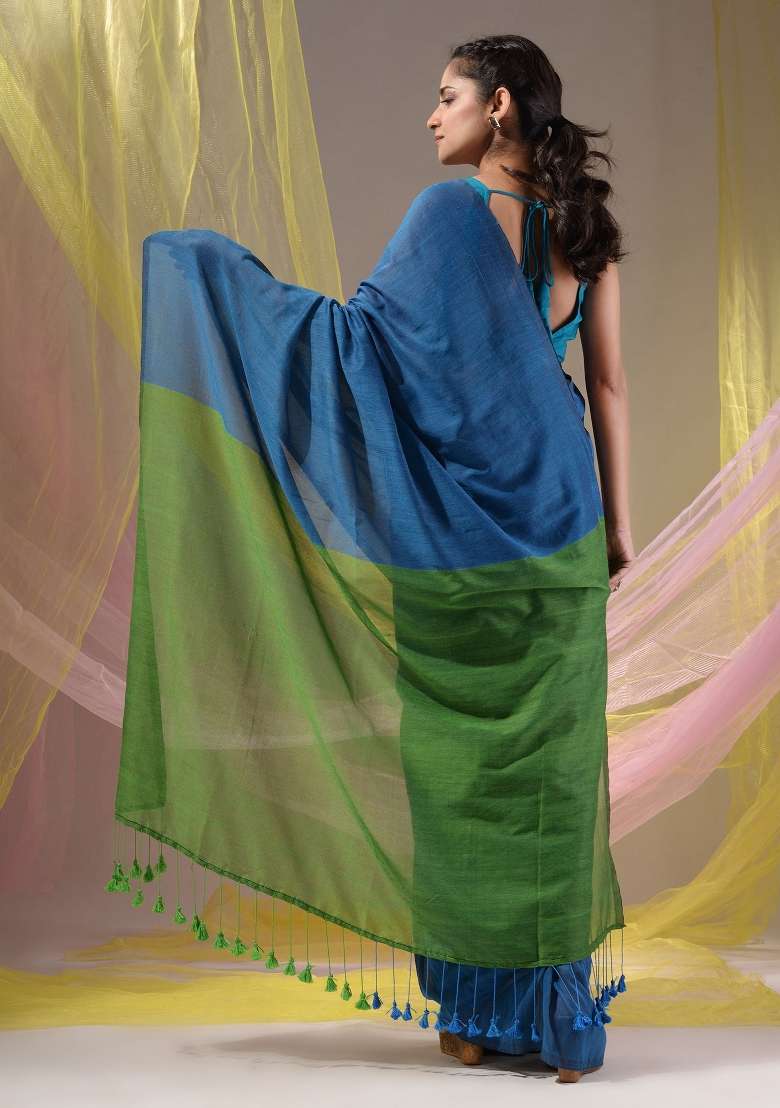 Cobalt Blue Floral Embroidery Cotton Saree Set for Diwali and Festive Wear - Indya