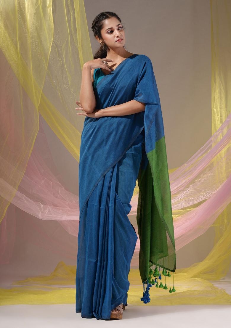 Cobalt Blue Floral Embroidery Cotton Saree Set - Indya