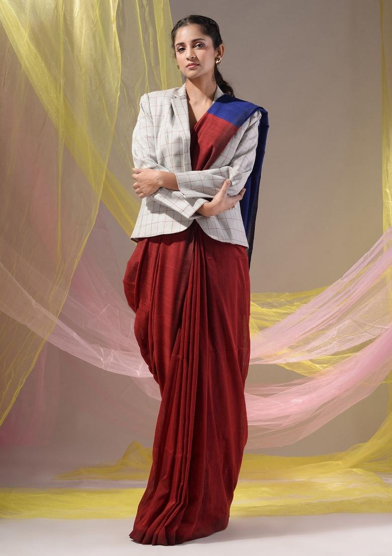 Red Floral Embroidery Cotton Saree Set