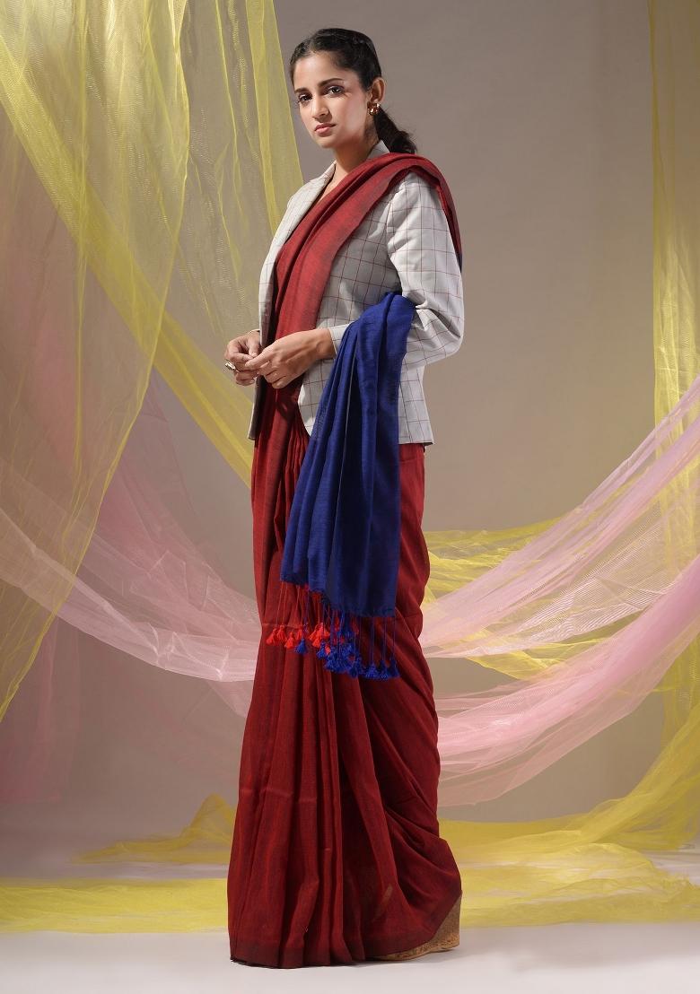 Red Floral Embroidery Cotton Saree Set - Indya